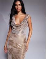shimmer plunge cowl neck maxi dress with tie detail in neutral floral print