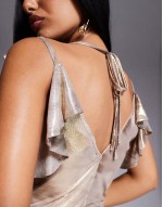 shimmer plunge cowl neck maxi dress with tie detail in neutral floral print
