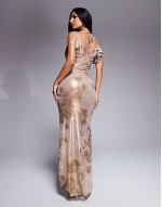 shimmer plunge cowl neck maxi dress with tie detail in neutral floral print