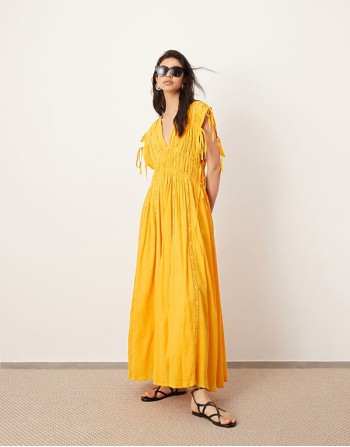 crochet trim drawstring detail trapeze maxi dress in orange