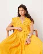crochet trim drawstring detail trapeze maxi dress in orange