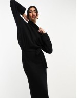 supersoft volume sve roll neck belted maxi jumper dress in black