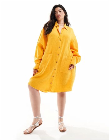 Curve double cloth oversized shirt dress with dropped pockets in tangerine