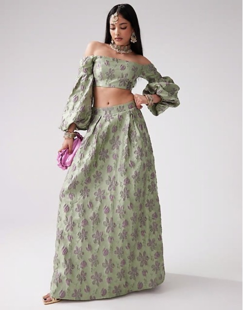 off shoulder co-ord in green jacquard