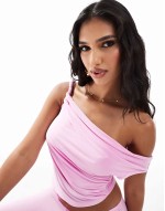 co-ord slinky twist off the shoulder top and skirt in pink