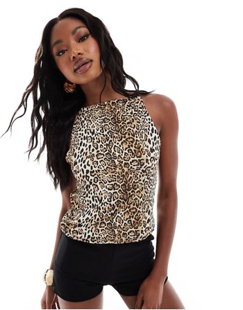 Premium slinky 90's boat neck strappy top in leopard print